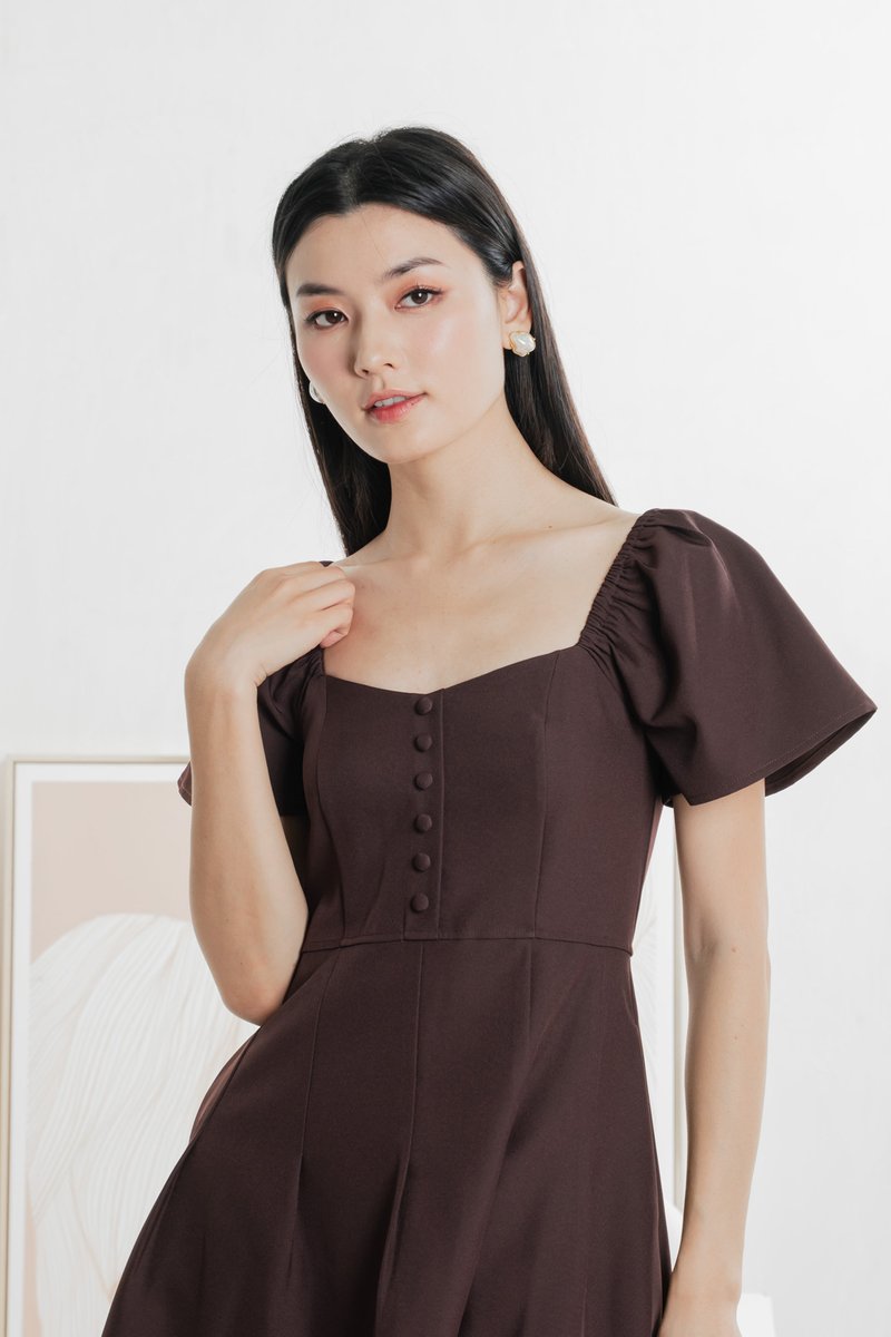 Bondi Buttons Flare Sleeves Dress In Burgundy