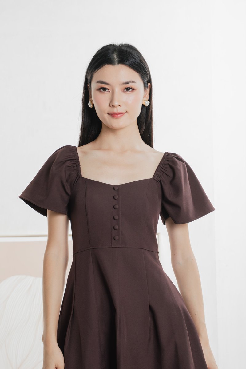 Bondi Buttons Flare Sleeves Dress In Burgundy