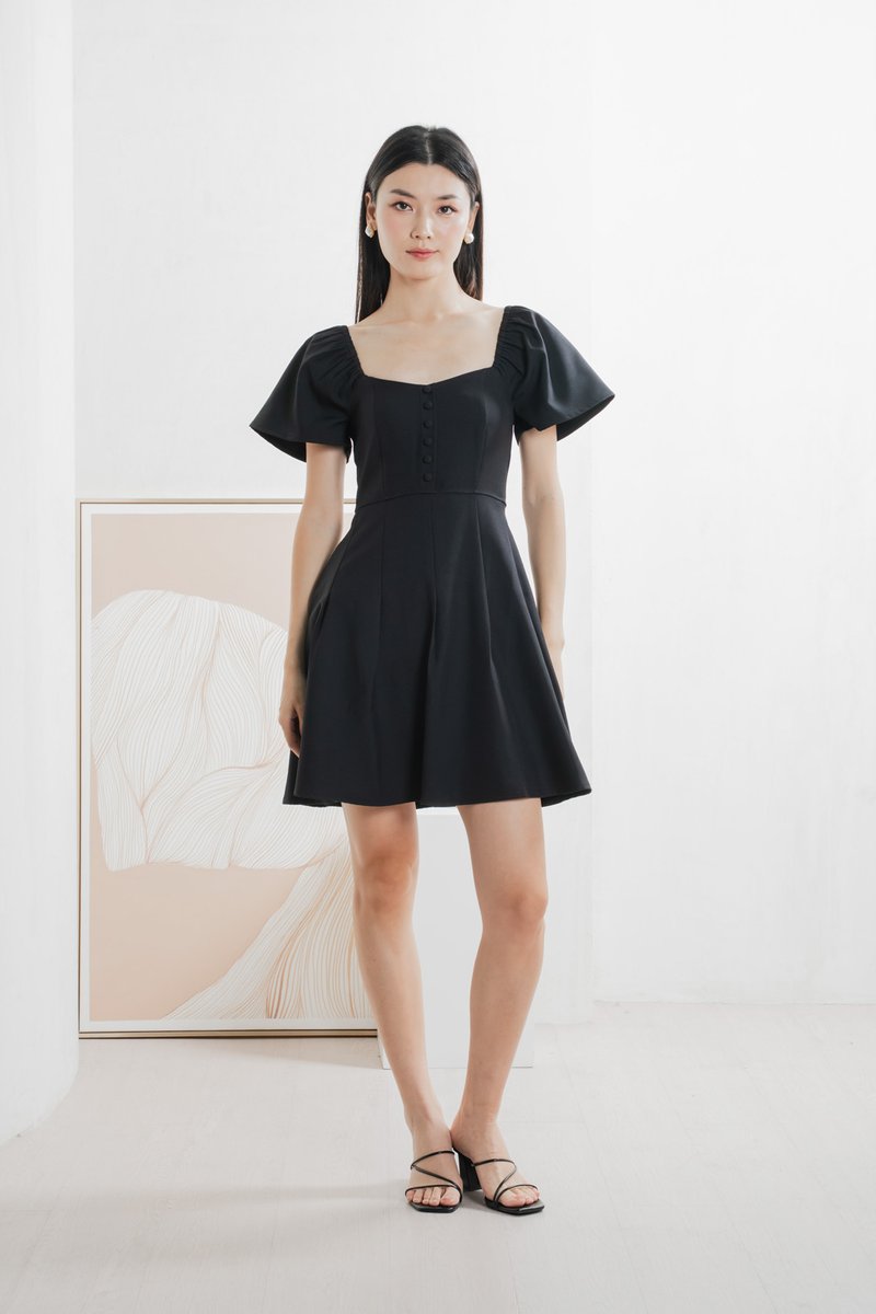 Bondi Buttons Flare Sleeves Dress In Black