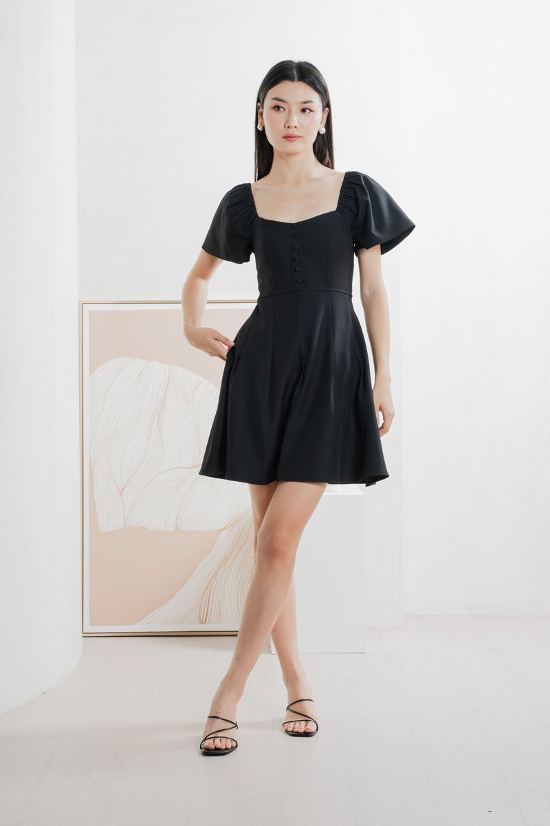 Bondi Buttons Flare Sleeves Dress In Black