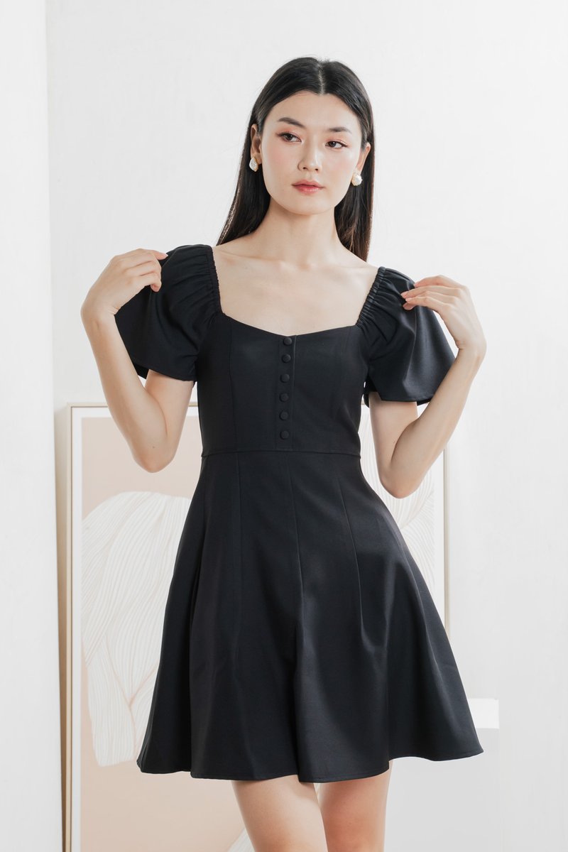 Bondi Buttons Flare Sleeves Dress In Black