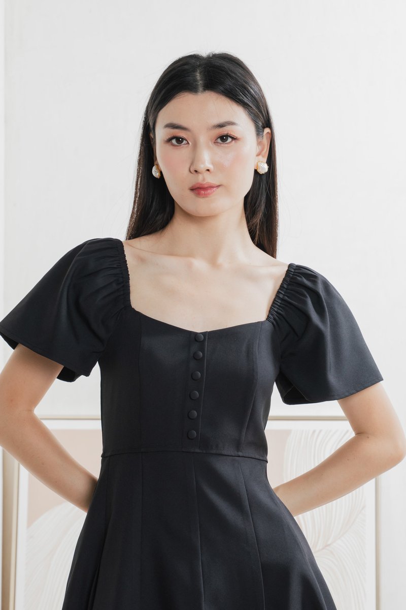 Bondi Buttons Flare Sleeves Dress In Black