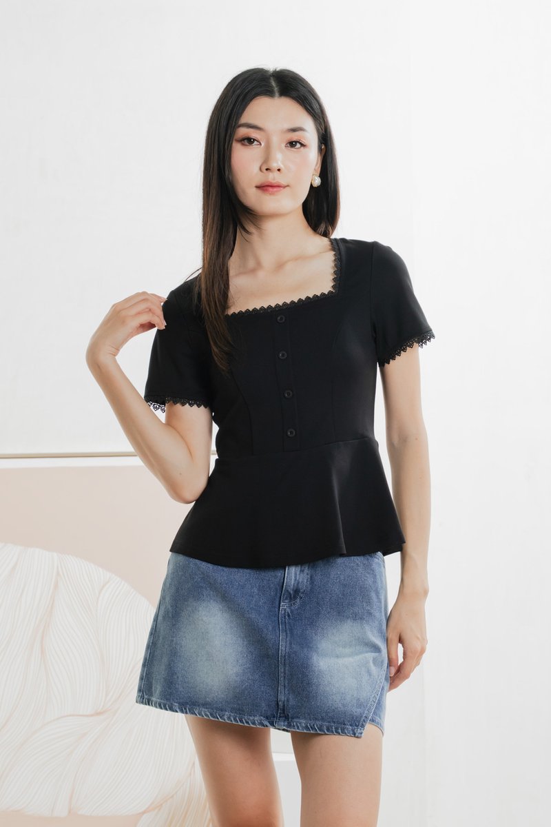 Lyrica Lace Trimmings Button Top In Black