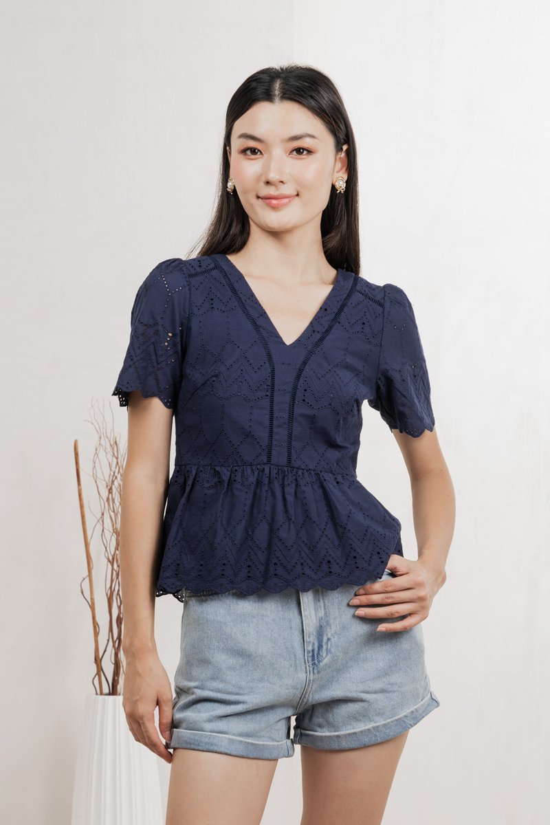 Lindsay Eyelet Top In Navy
