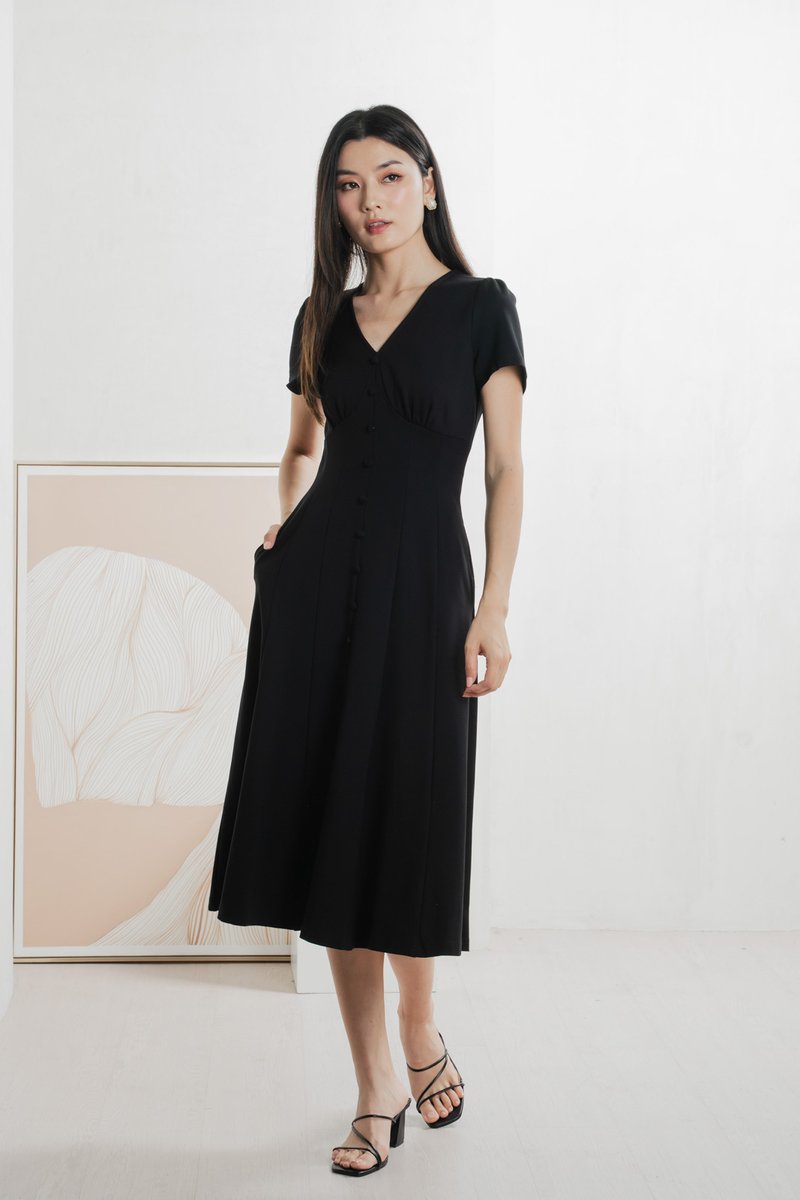 Bertie Buttons Empire Midi Dress In Black