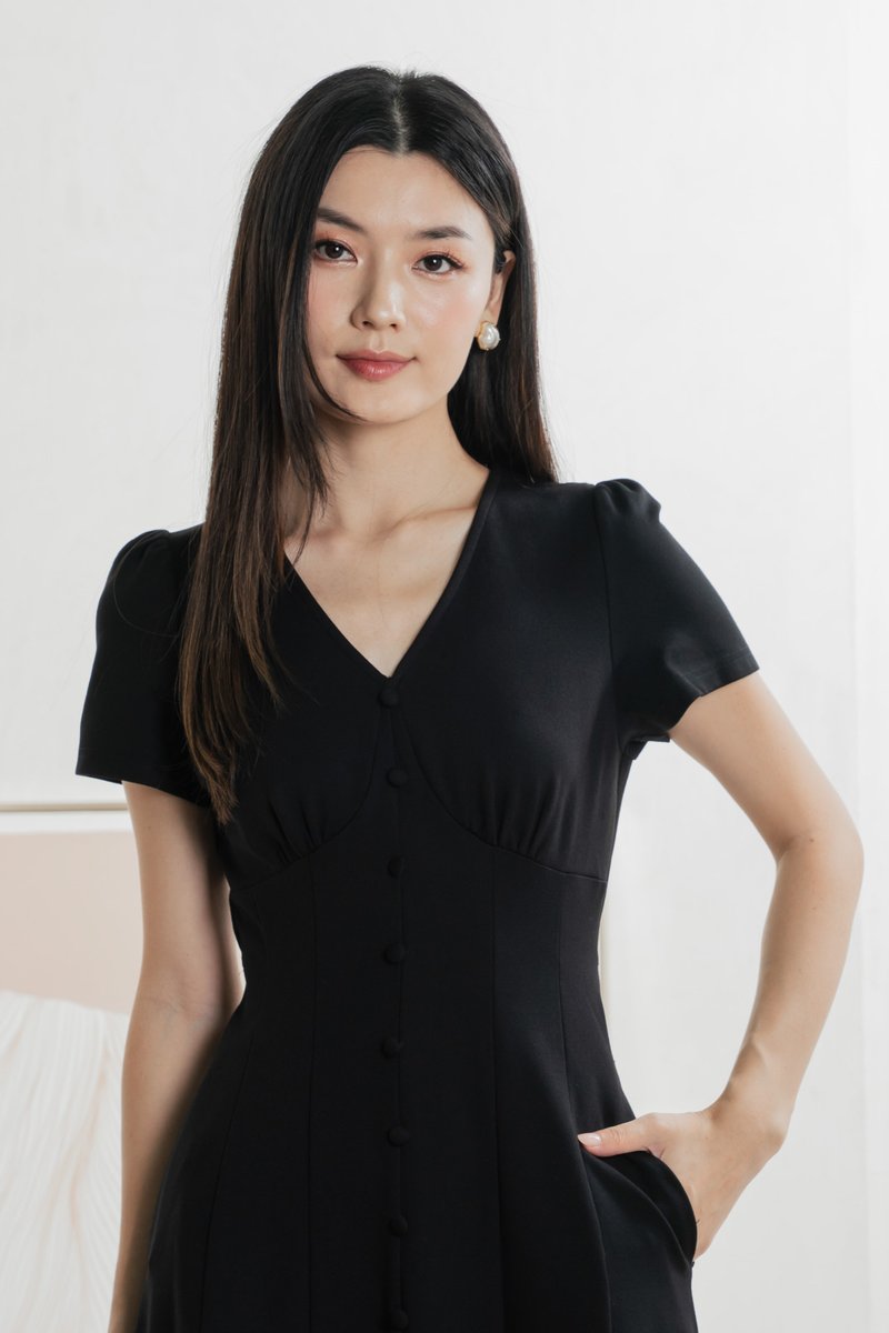 Bertie Buttons Empire Midi Dress In Black