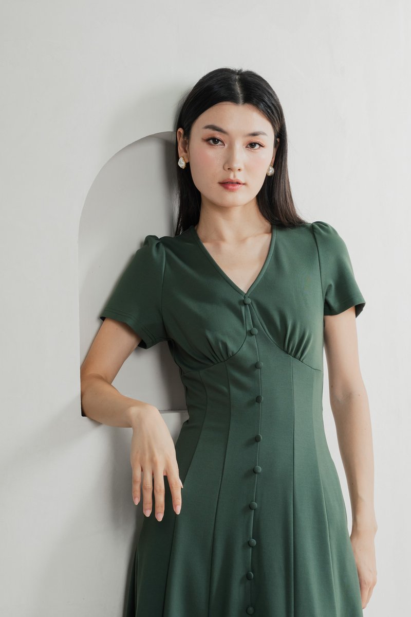 Bertie Buttons Empire Midi Dress In Forest