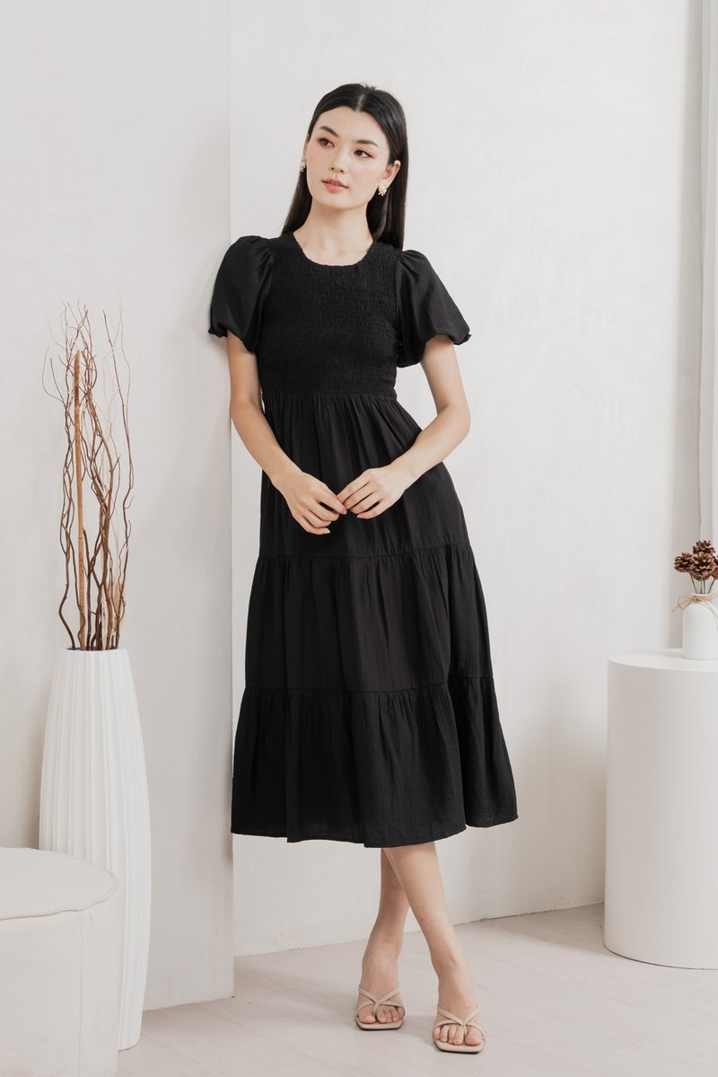 Soiree Smocked Tiered Midi Dress In Black