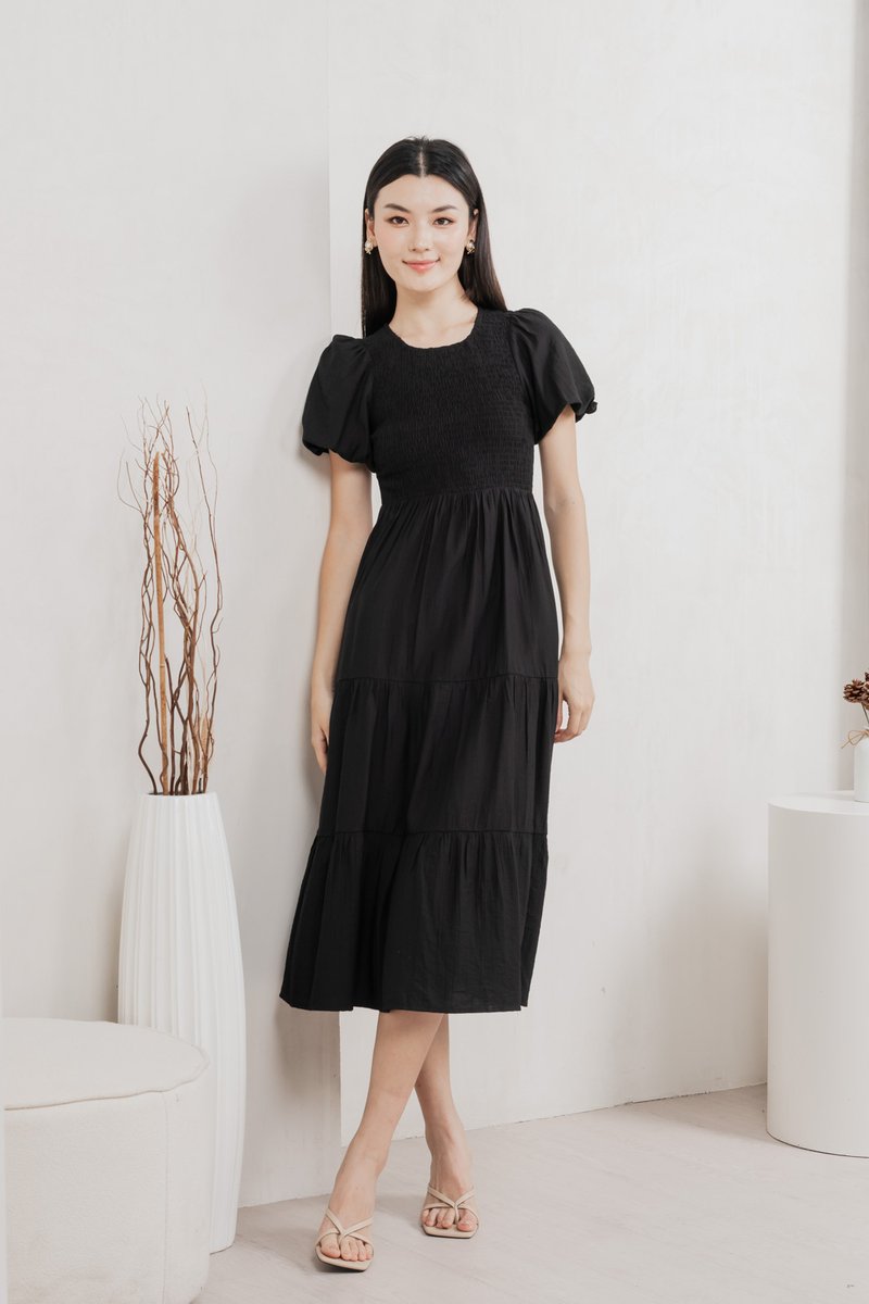 Soiree Smocked Tiered Midi Dress In Black