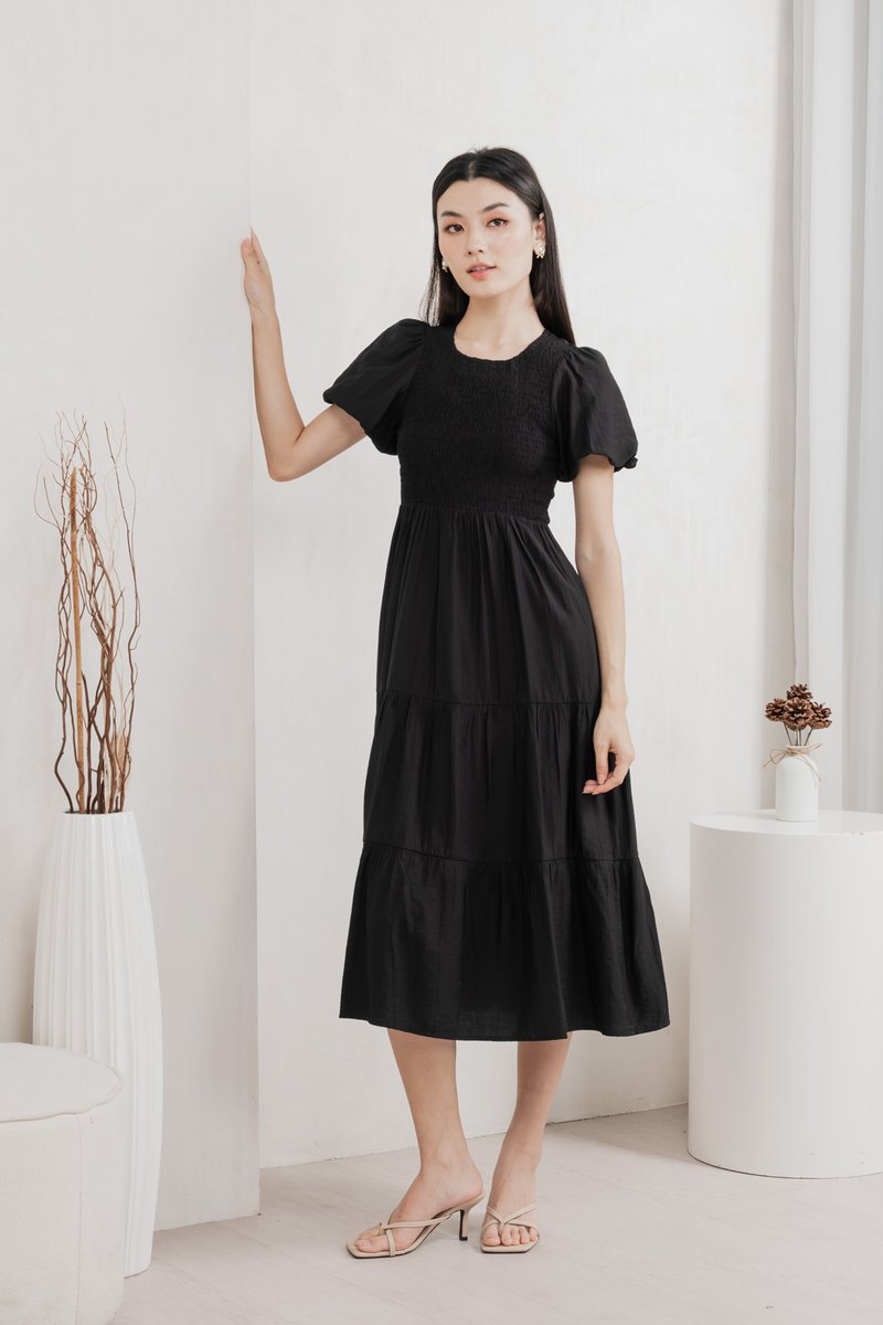 Soiree Smocked Tiered Midi Dress In Black