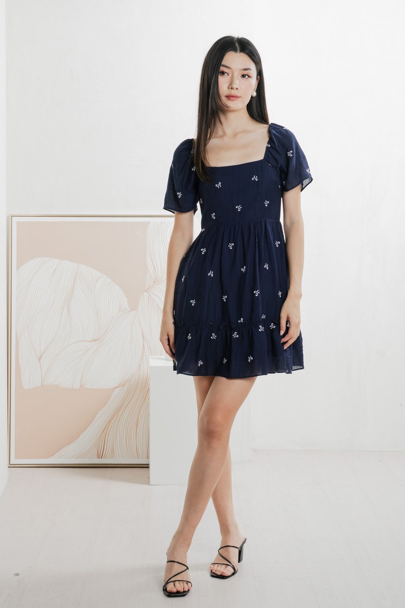 Antonia Ribbon Embroidery Dress In Navy (XS)