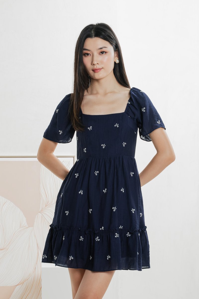 Antonia Ribbon Embroidery Dress In Navy (XS)