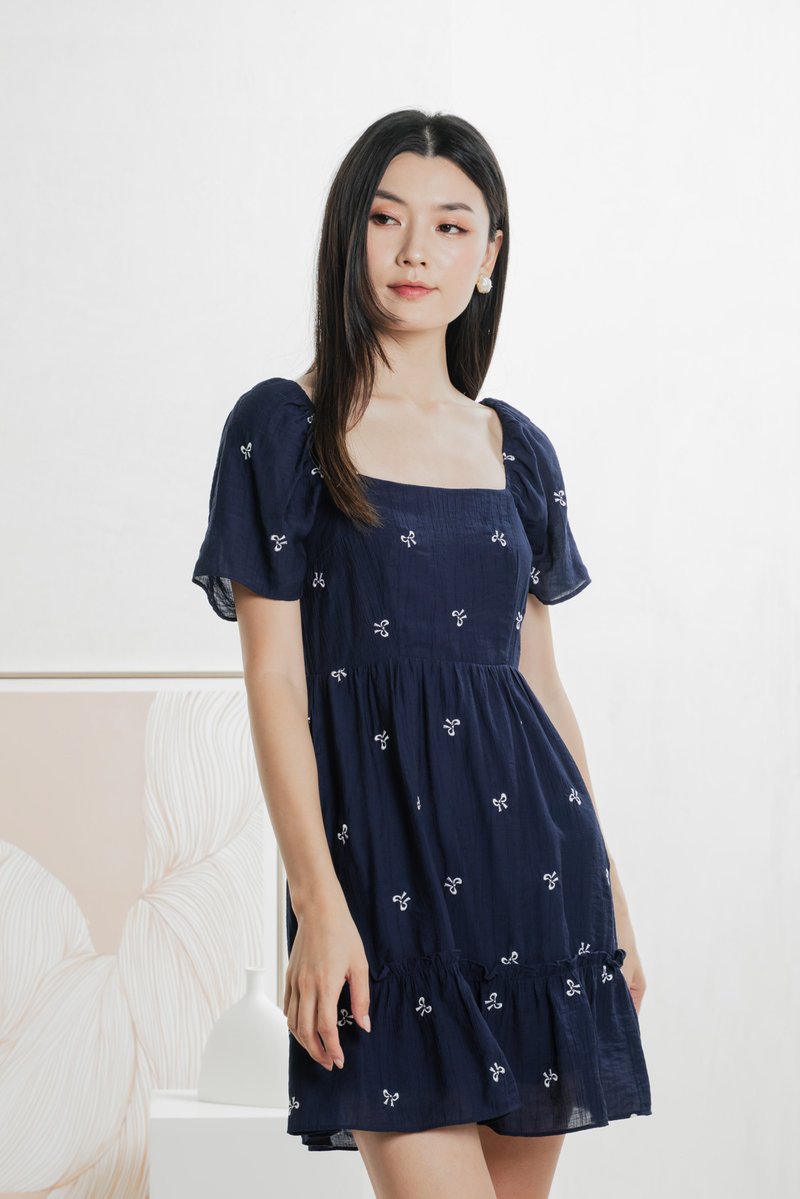 Antonia Ribbon Embroidery Dress In Navy (XS)