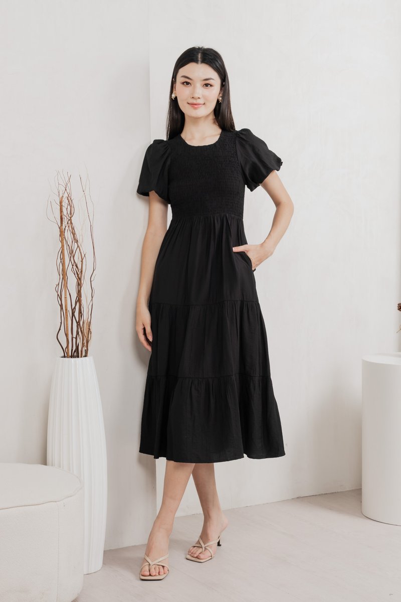 Soiree Smocked Tiered Midi Dress In Black