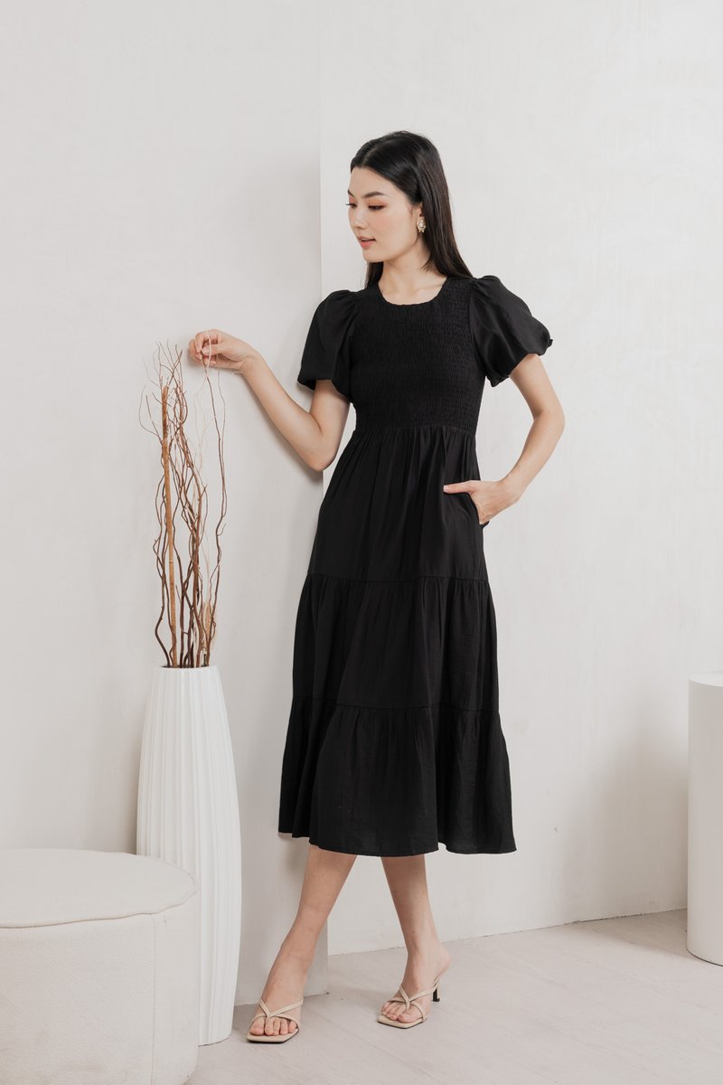 Soiree Smocked Tiered Midi Dress In Black