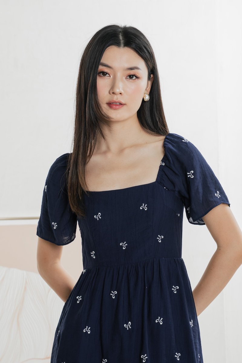 Antonia Ribbon Embroidery Dress In Navy (XS)