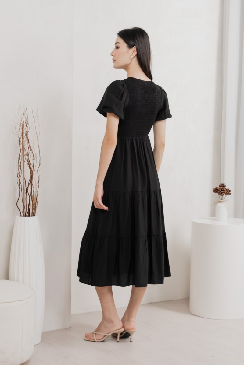Soiree Smocked Tiered Midi Dress In Black