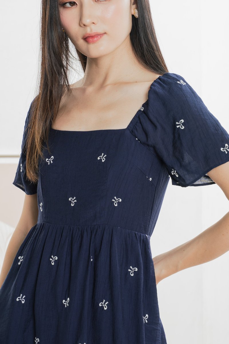 Antonia Ribbon Embroidery Dress In Navy (XS)