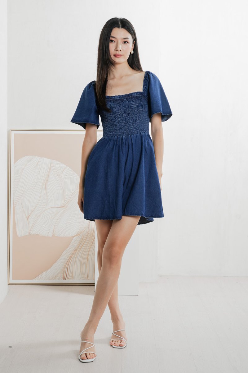 Carper Smocked Denim Sleeve Romper