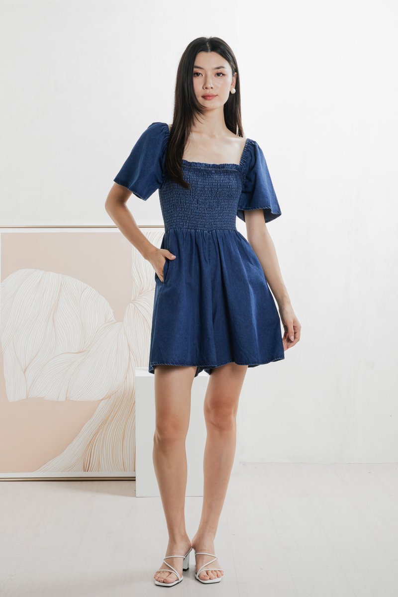 Carper Smocked Denim Sleeve Romper