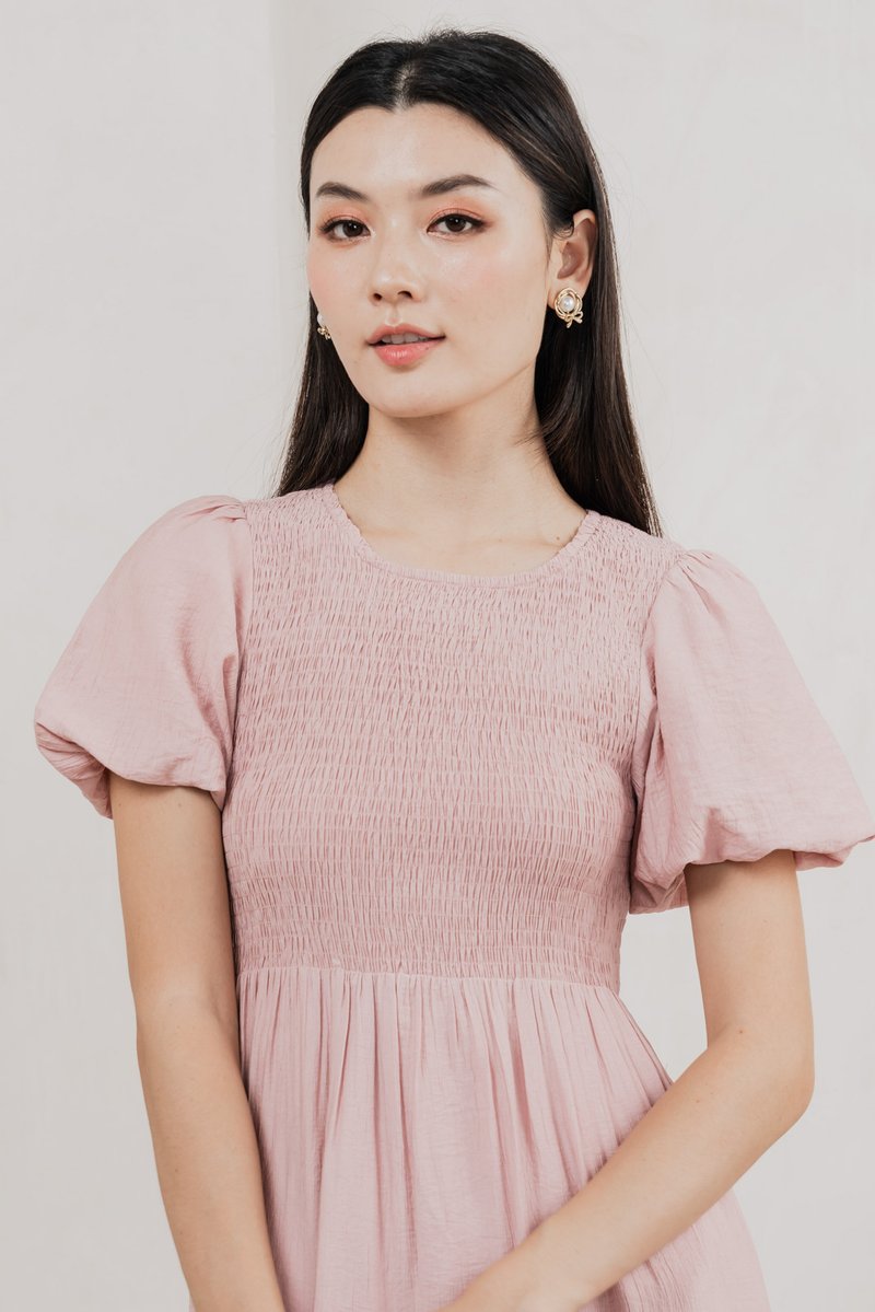 Soiree Smocked Tiered Midi Dress In Dusty Pink