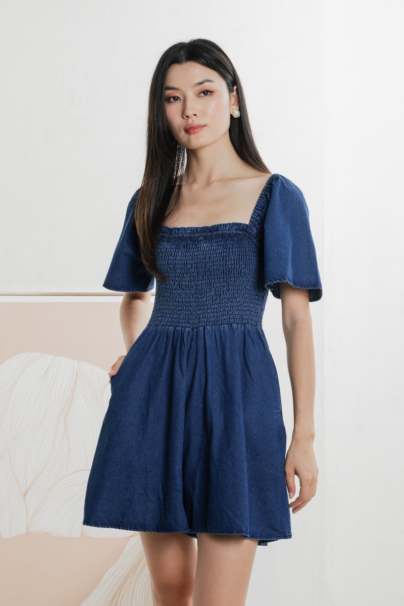 Carper Smocked Denim Sleeve Romper