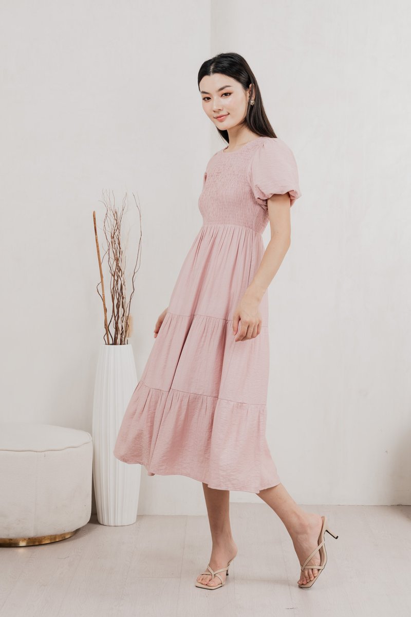 Soiree Smocked Tiered Midi Dress In Dusty Pink