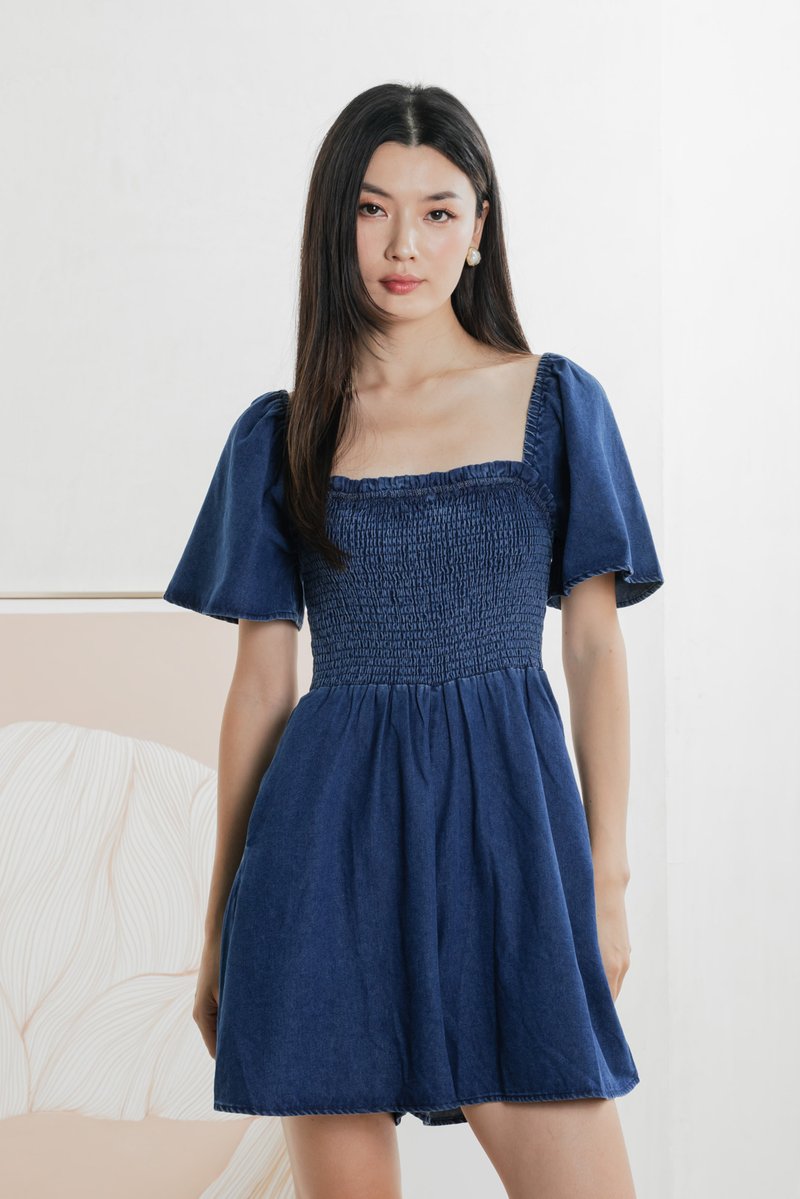 Carper Smocked Denim Sleeve Romper