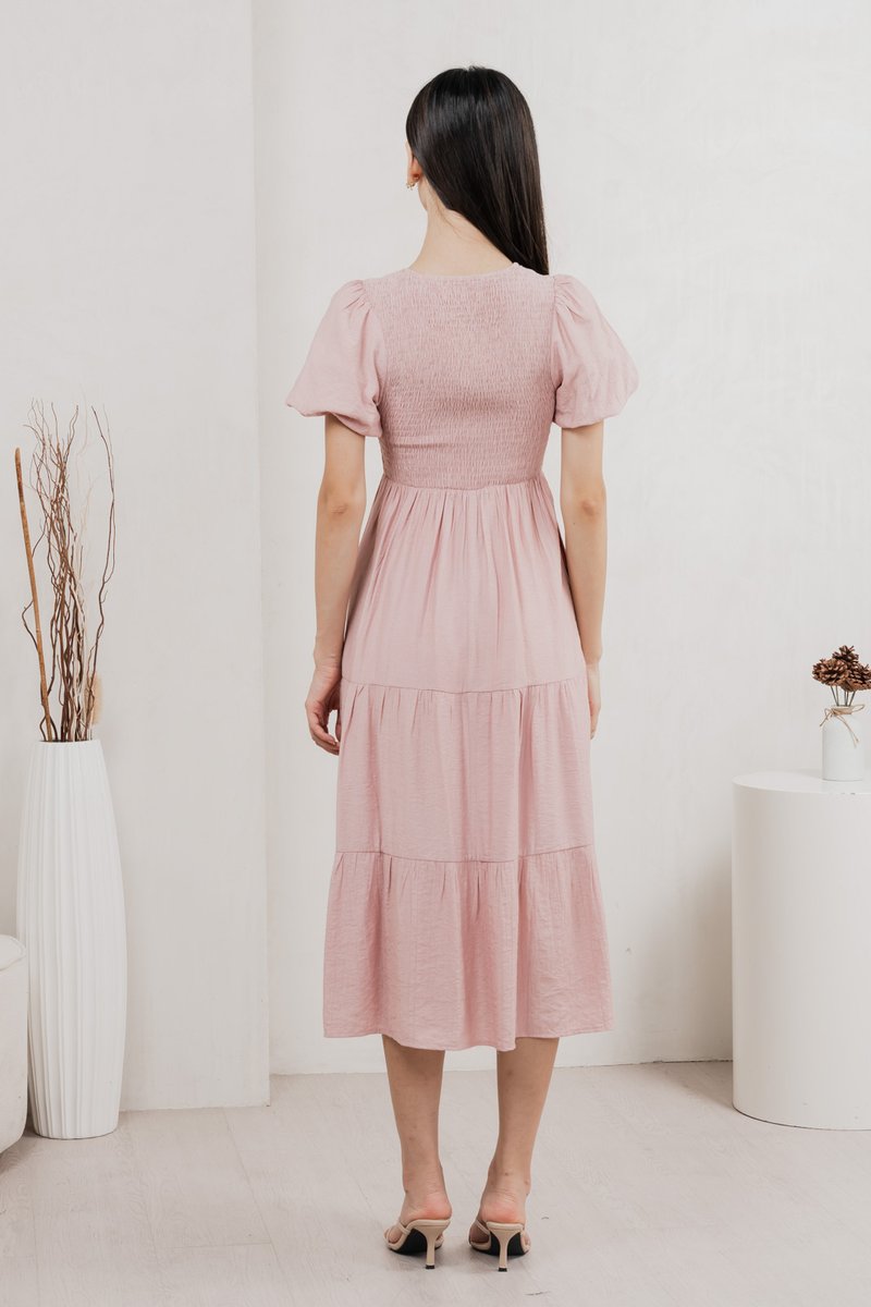 Soiree Smocked Tiered Midi Dress In Dusty Pink