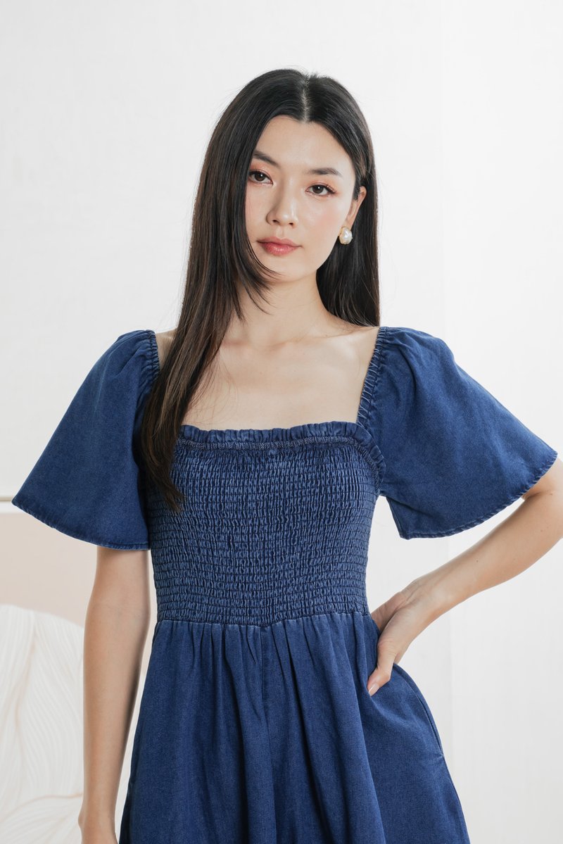 Carper Smocked Denim Sleeve Romper