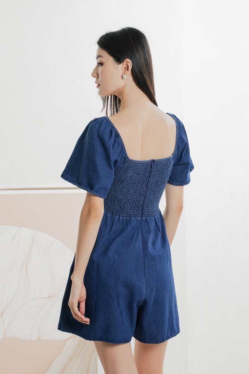 Carper Smocked Denim Sleeve Romper