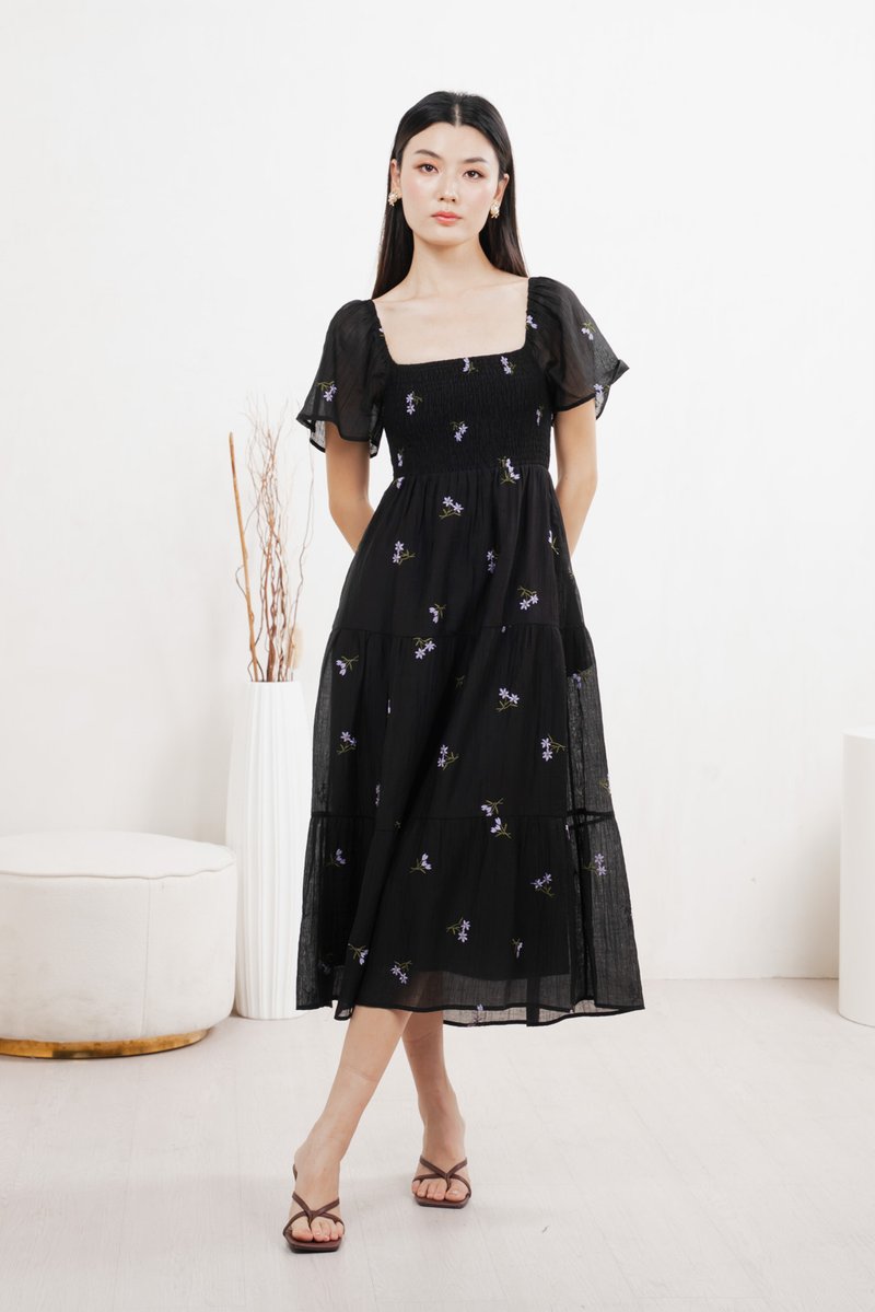 Cottis Smocked Embroidery Midi Dress In Black