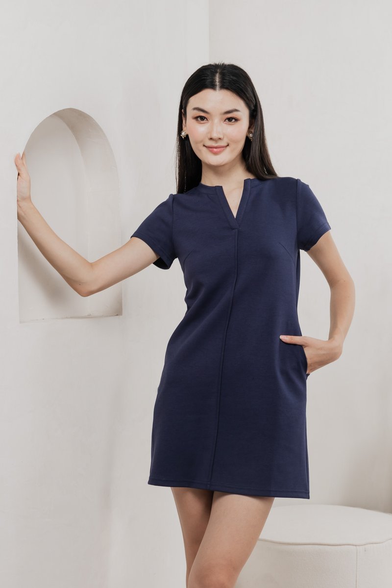 Michel Mandarin Collar Cotton Dress In Navy