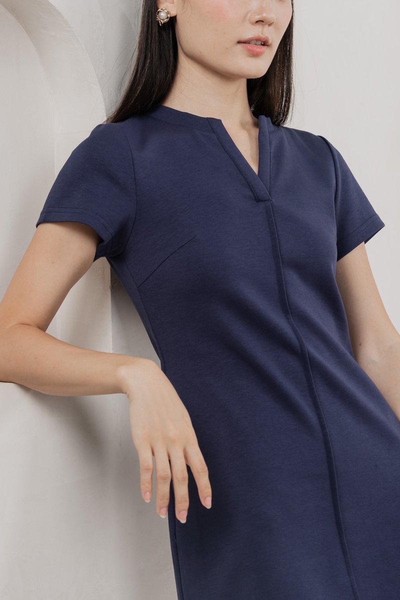 Michel Mandarin Collar Cotton Dress In Navy