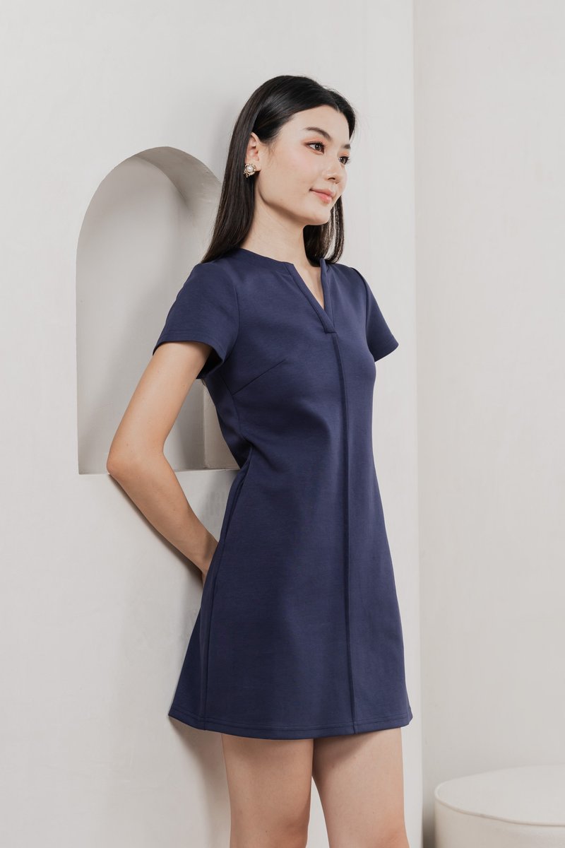 Michel Mandarin Collar Cotton Dress In Navy