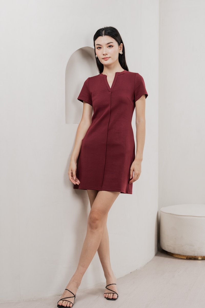 Michel Mandarin Collar Cotton Dress In Wine