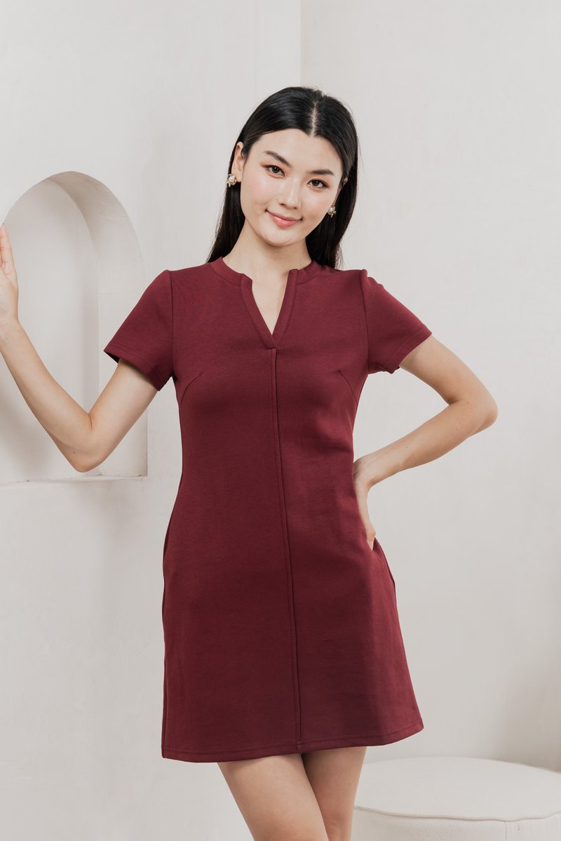 Michel Mandarin Collar Cotton Dress In Wine
