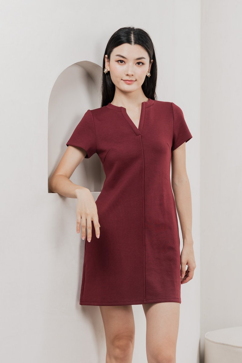 Michel Mandarin Collar Cotton Dress In Wine