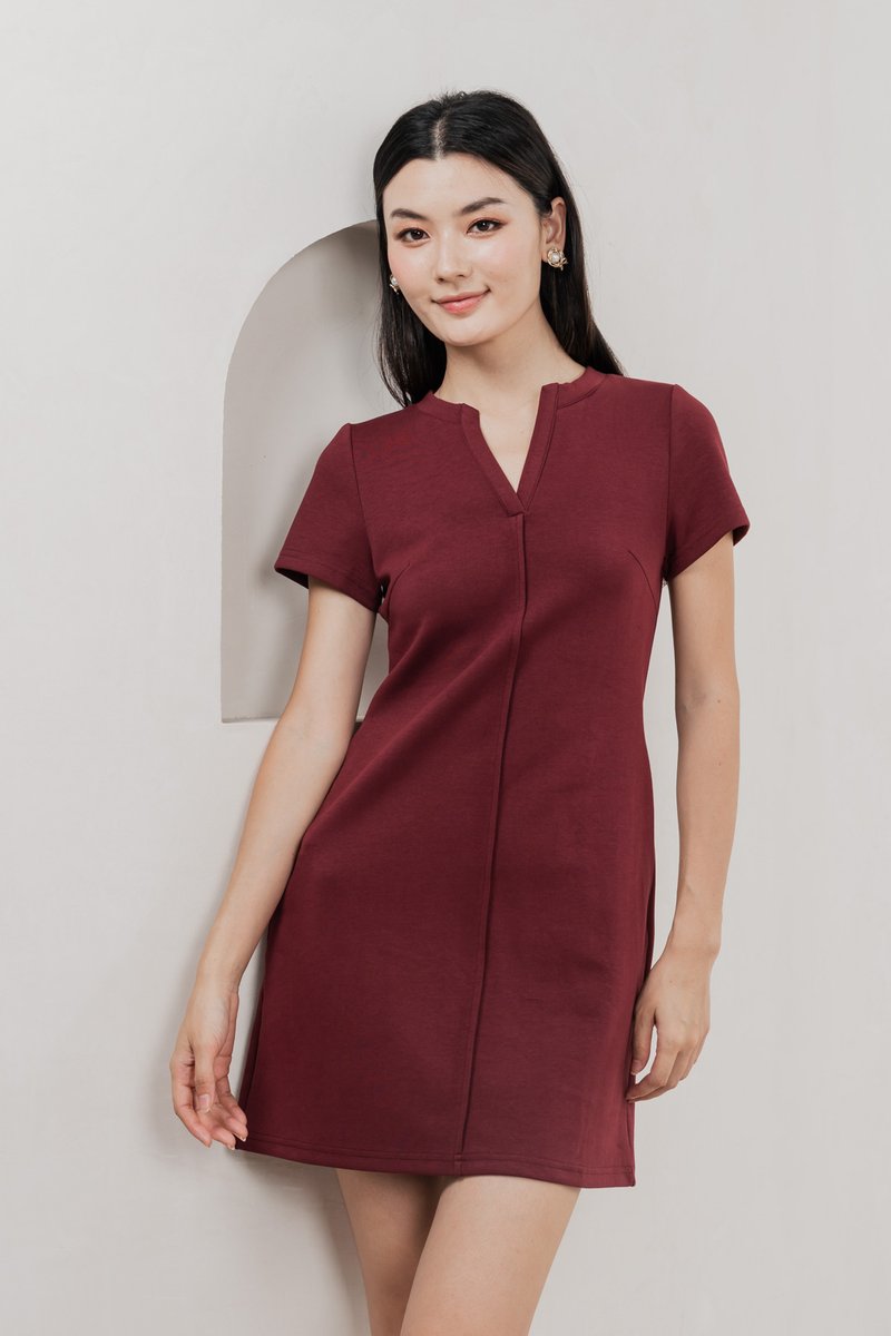 Michel Mandarin Collar Cotton Dress In Wine