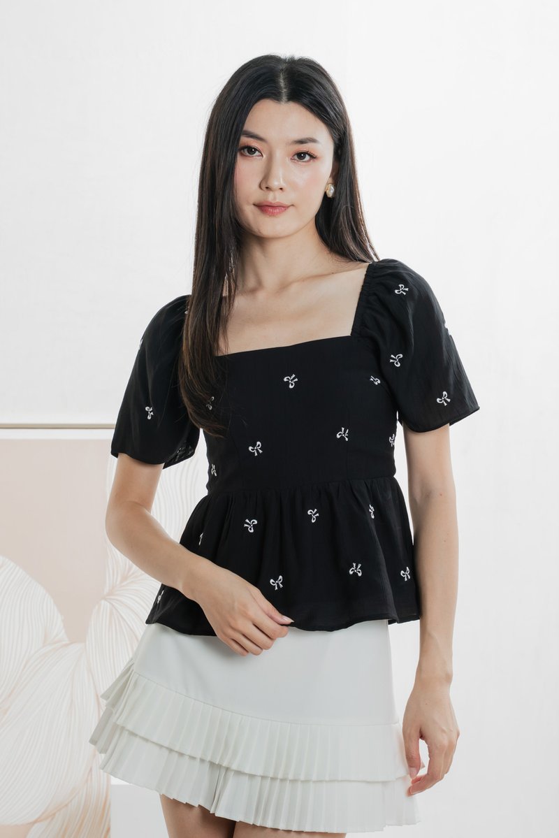 Antonia Ribbon Embroidery Top In Black