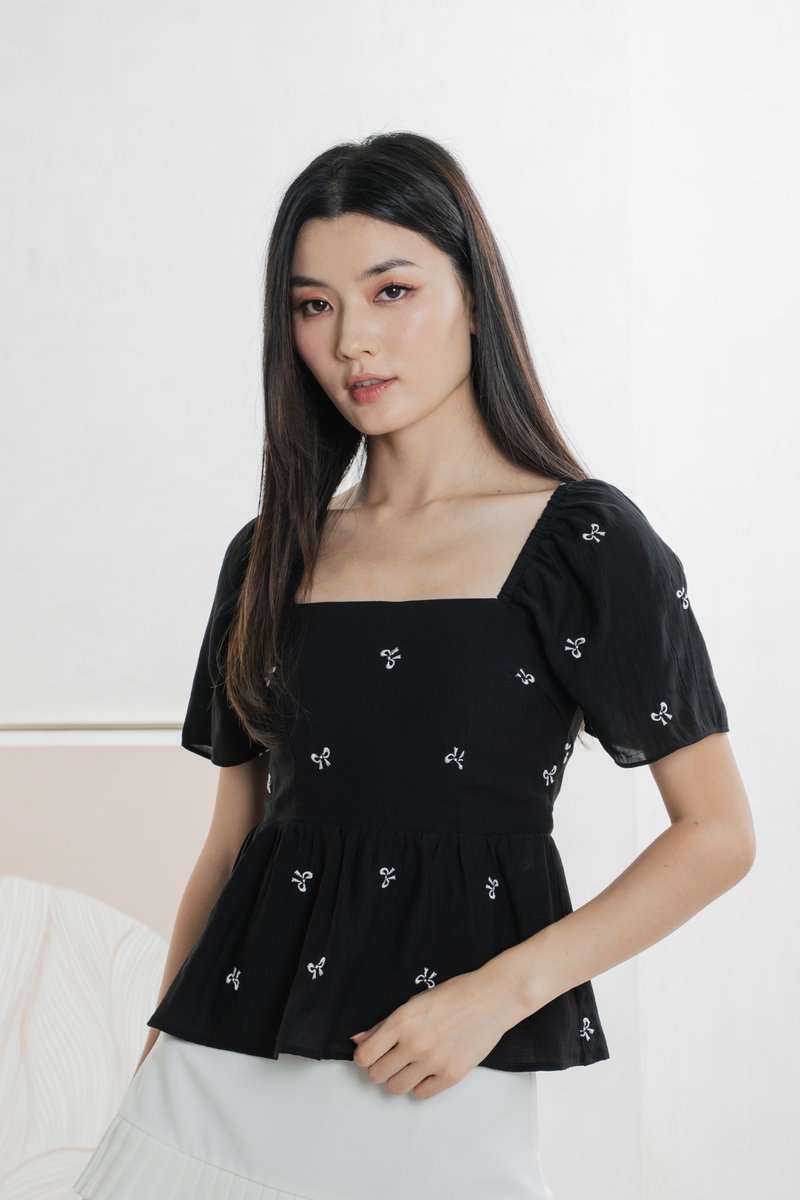 Antonia Ribbon Embroidery Top In Black