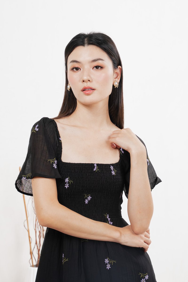 Cottis Smocked Embroidery Midi Dress In Black