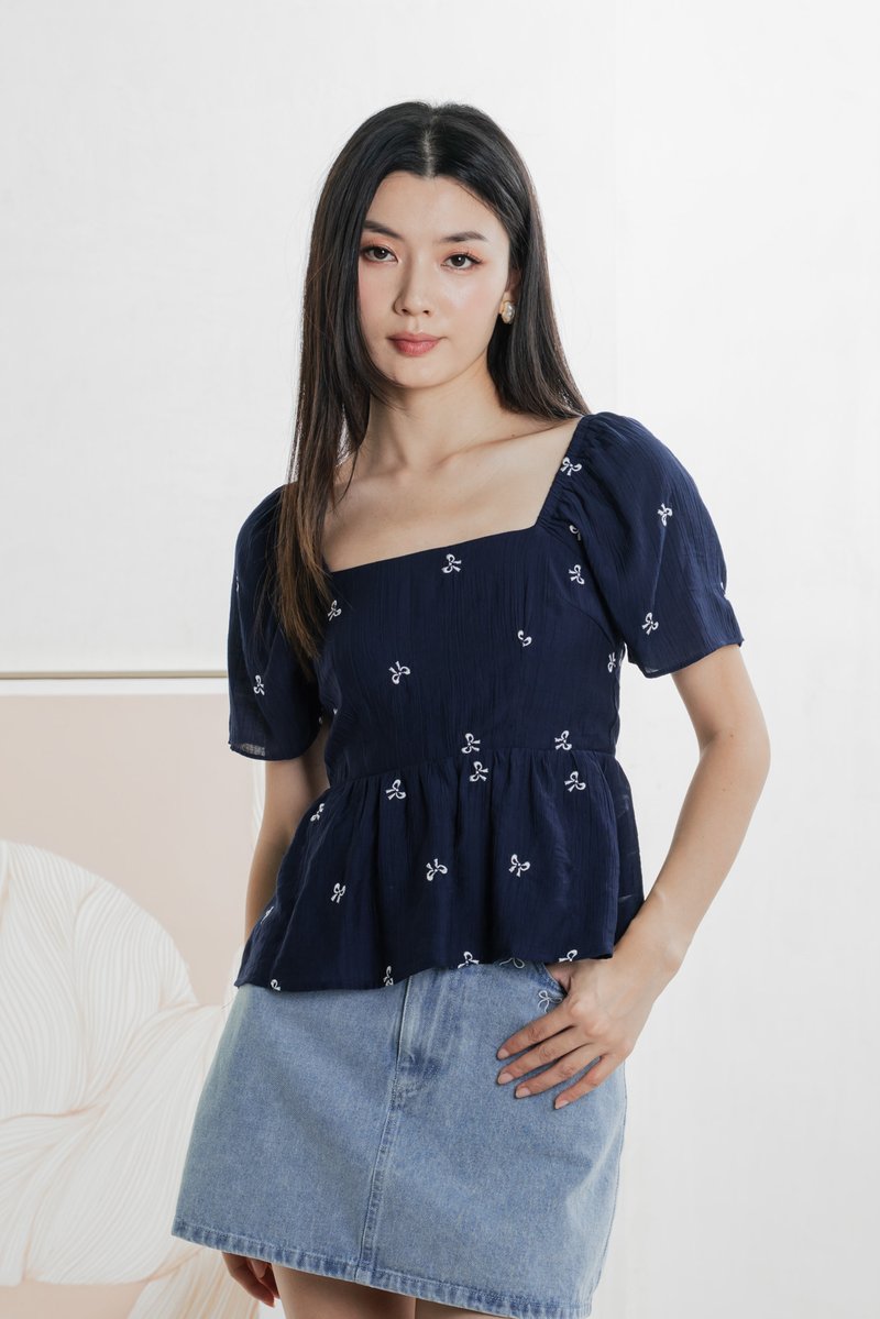 Antonia Ribbon Embroidery Top In Navy (XS)
