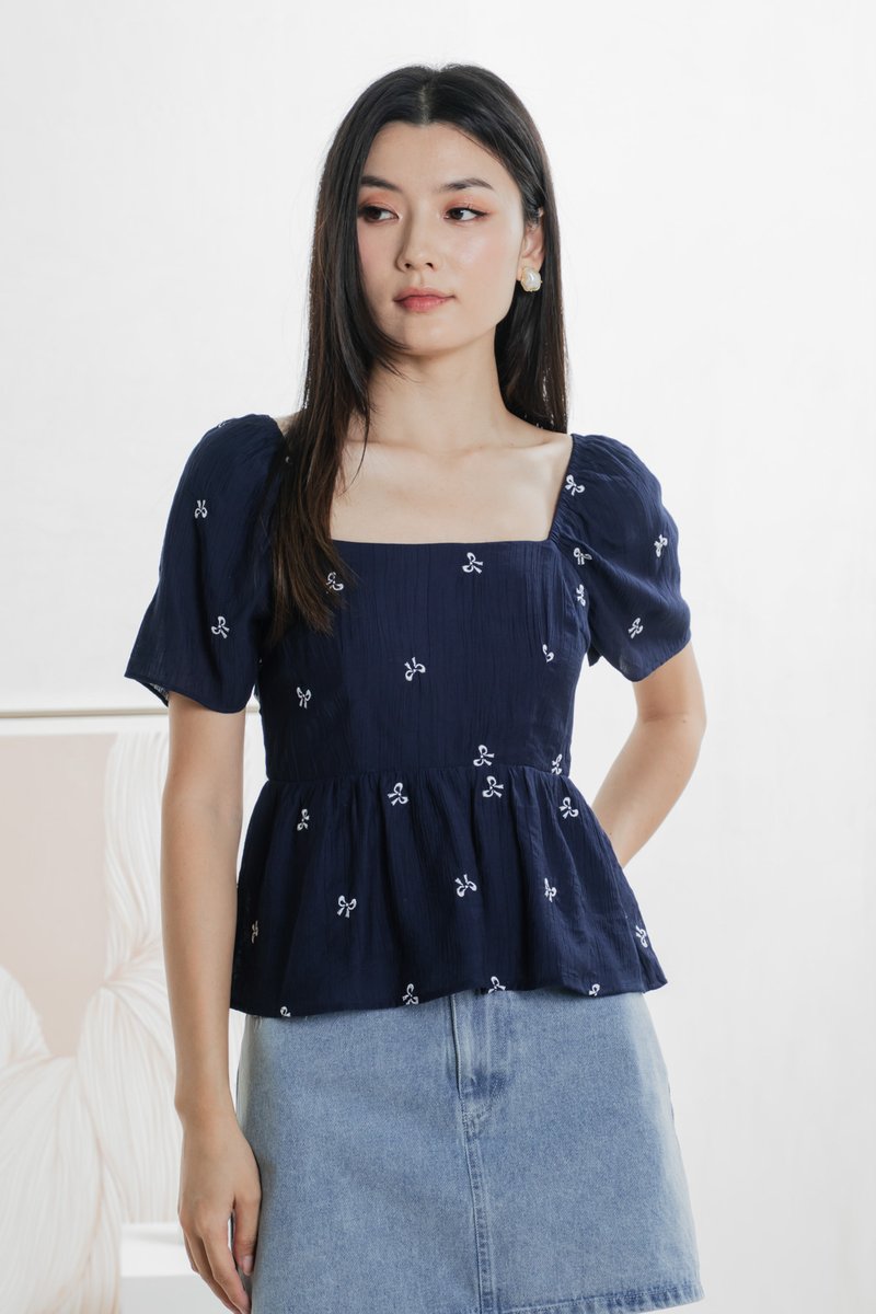 Antonia Ribbon Embroidery Top In Navy (XS)