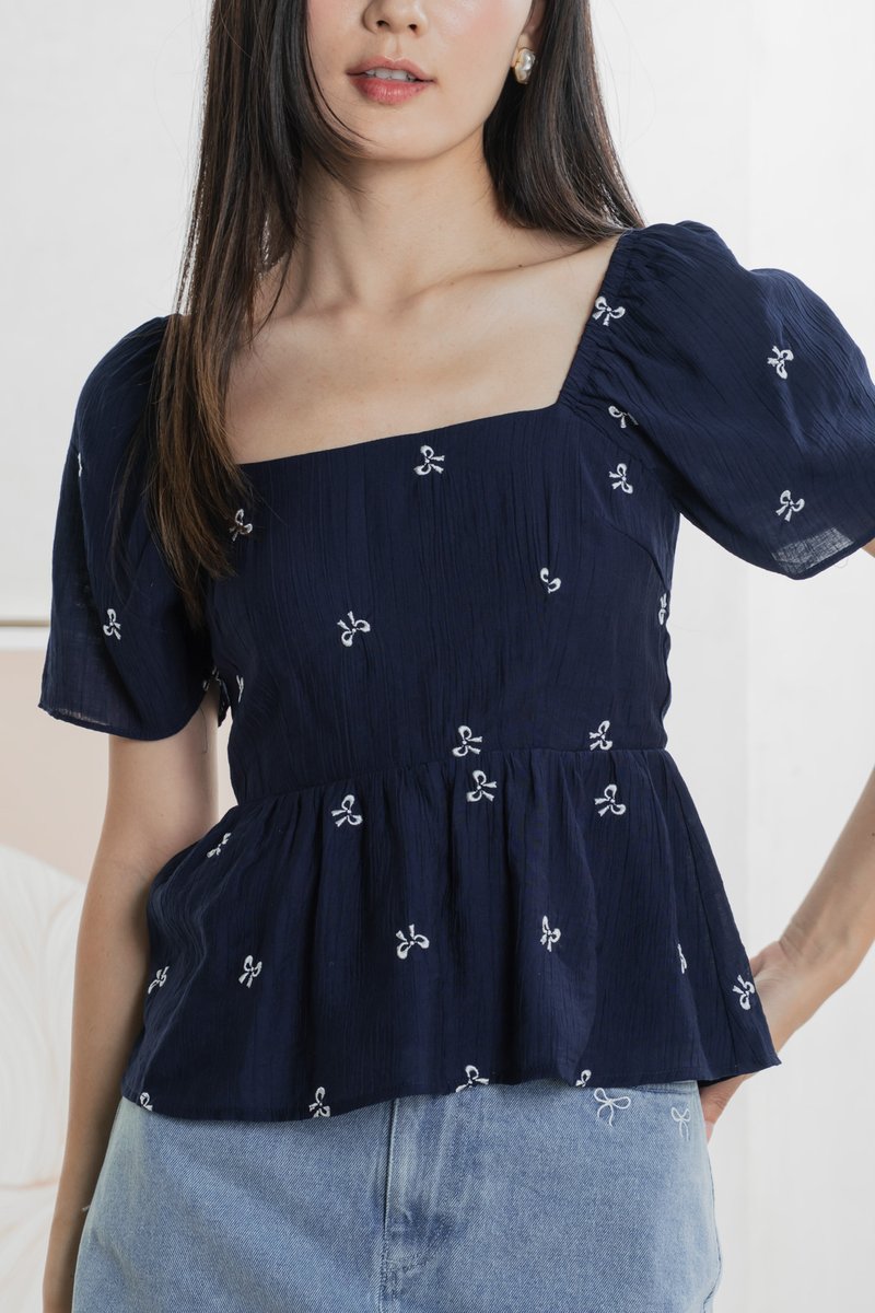 Antonia Ribbon Embroidery Top In Navy (XS)