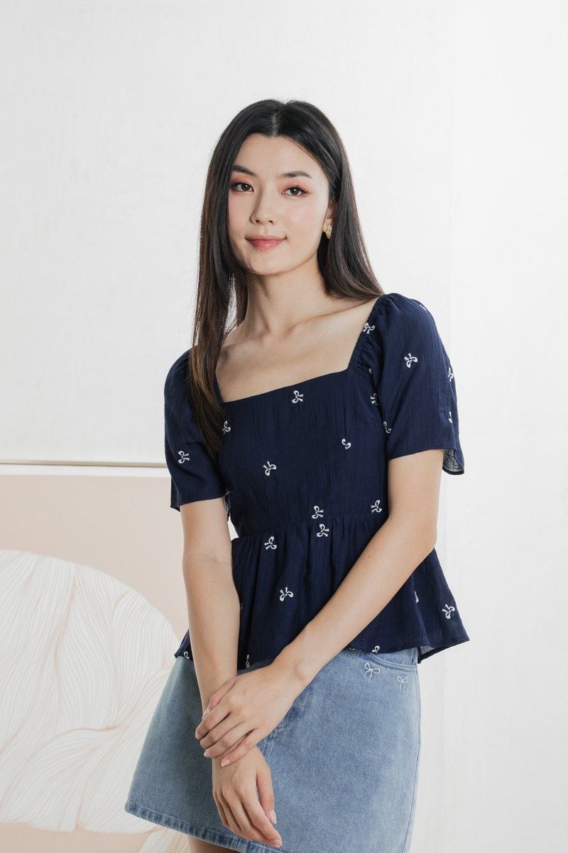 Antonia Ribbon Embroidery Top In Navy (XS)