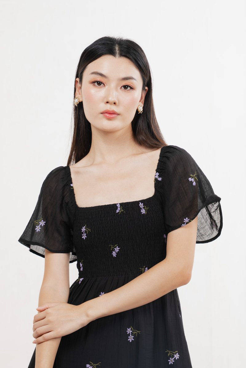 Cottis Smocked Embroidery Midi Dress In Black