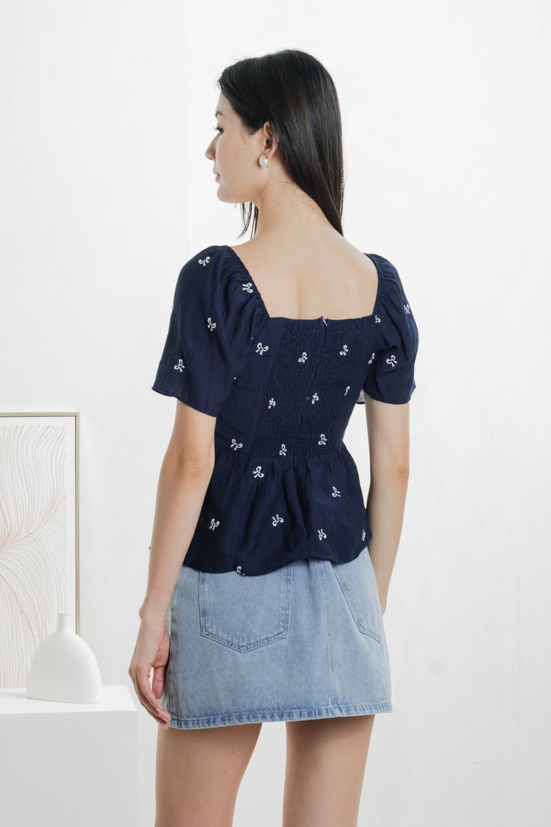 Antonia Ribbon Embroidery Top In Navy (XS)