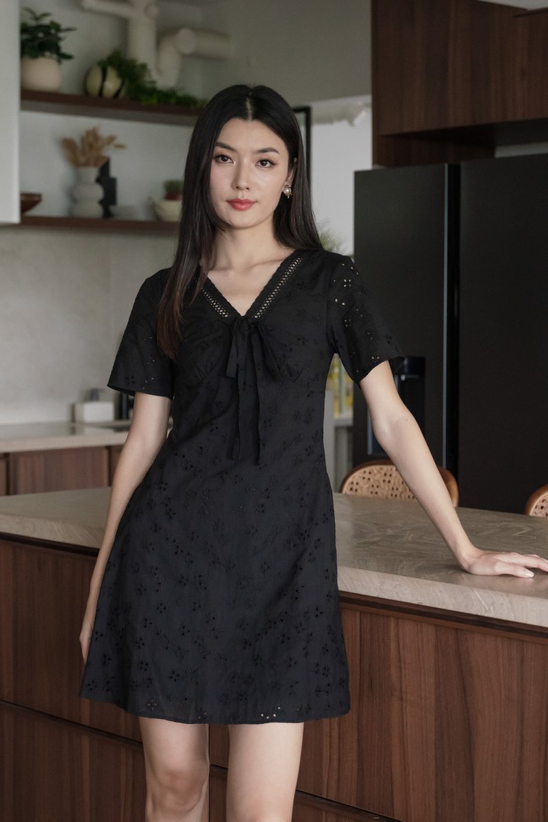 Memoir Eyelet Ribbon Dress In Black