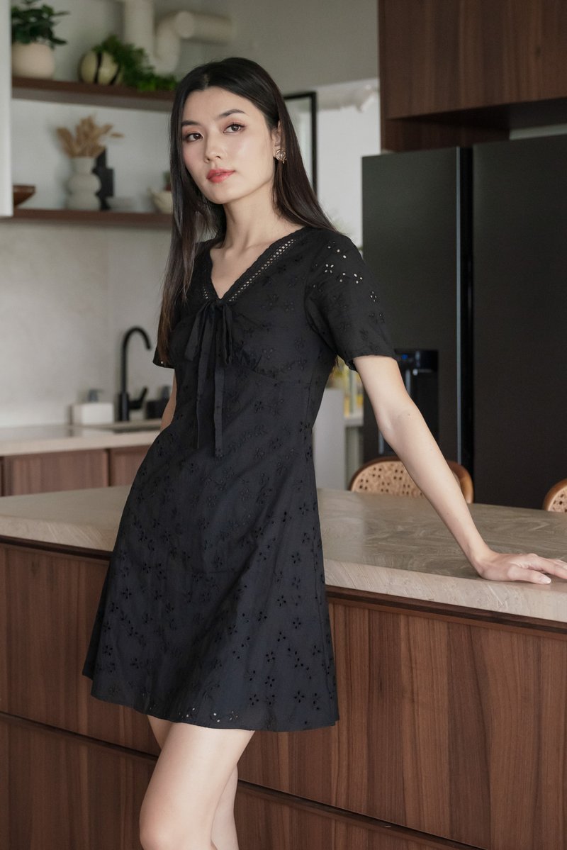 Memoir Eyelet Ribbon Dress In Black